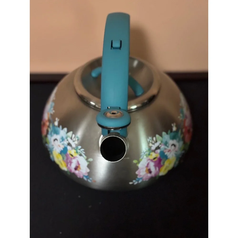 Pioneer Woman Sweet Romance Stainless Steel Whistling Tea Kettle Teal Handle